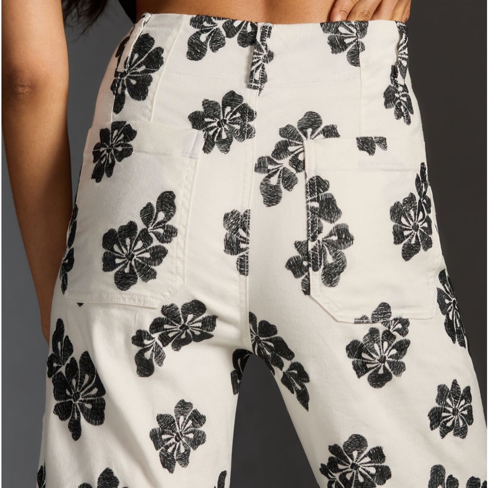 Maeve White Wide-Leg Floral Print Pants with Black Flowers - Picture 2 of 15